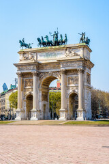 Fototapeta na wymiar The Arco della Pace (Arch of Peace) is a neoclassical triumphal arch located in Porta Sempione (Simplon Gate) in Milan, Italy.