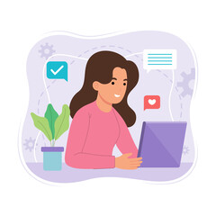 Cartoon happy young woman freelancer artist designer character working with laptop