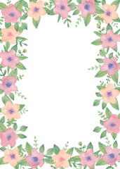 Watercolor frame with simple childish flowers. Template with copy space
