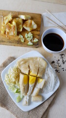 Pempek is a traditional food from Palembang, South Sumatra province, Indonesia. This food is made from basic ingredients of sago and fish