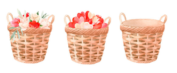 Baskets filled with red flowers or hearts - hand painted watercolor illustration. Bright and colorful.