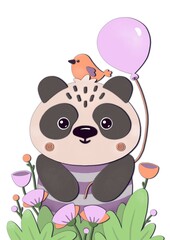 Cute Poster with cartoon animals for children‘s room, greeting cards, children‘s clothing. Nursery printable art. Cute baby panda in flowers