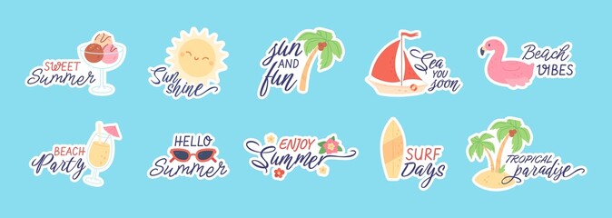 Cute summer stickers for planner, beach party doodles with funny quotes. Tropical vacation elements, fruits and cocktails, bikini, surfboard, summertime season sticker with text vector set