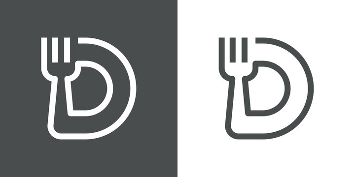 Logotipo restaurante con letra D con silueta de tenedor en plato con l&iacute;neas en fondo gris y fondo blanco