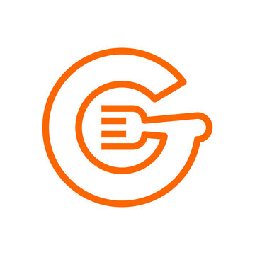 recommend clip art: Logotipo restaurante con letra G con silueta de tenedor en plato con líneas en color anaranjado