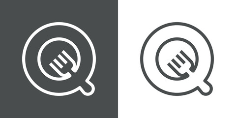 Logotipo restaurante con letra Q con silueta de tenedor en plato con líneas en fondo gris y fondo blanco © teracreonte