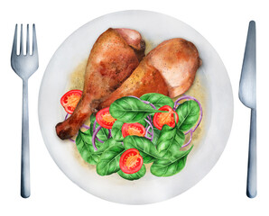 Chicken drumsticks with spinach and tomato salad