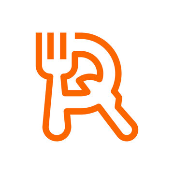 recommend clip art: Logotipo restaurante con letra R con silueta de tenedor y cuchillo en plato con líneas en color anaranjado