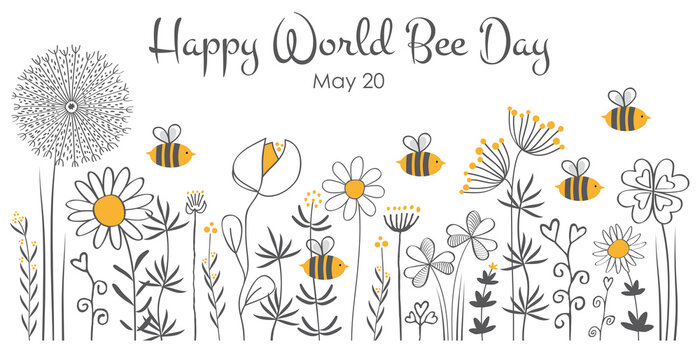 Welt Bienen Tag, Blumenwiese mit Bienen, Cartoon