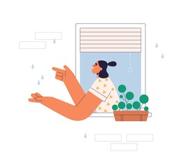 Woman enjoying summer rain, looking outside open window at home. Girl happy with warm rainy weather outdoors, stretching hands to raindrops. Flat vector illustration isolated on white background