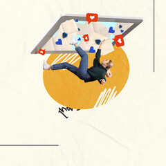 Contemporary art collage. Young girl falling down under pressure of many social media letters...