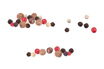 Pepper mix. Heap of black, red, white and allspice peppercorns isolated on white background, close up - obrazy, fototapety, plakaty