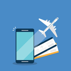 Booking online tickets .Buy or check in. Illustration of online ticket, tourism and travel, vacation and journey by plane.