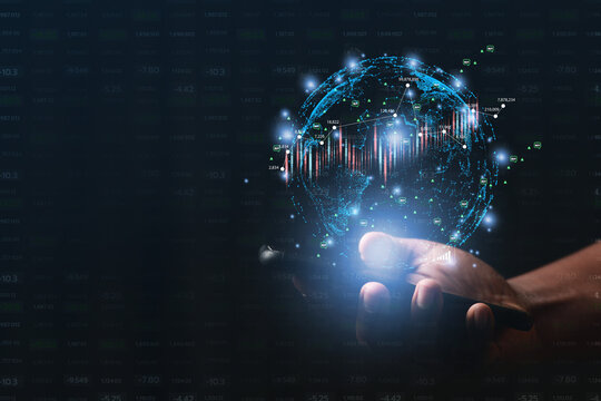 Business people point to the virtual hologram in the internet cyberspace, online business and graph the rising trend of finance, future life.
