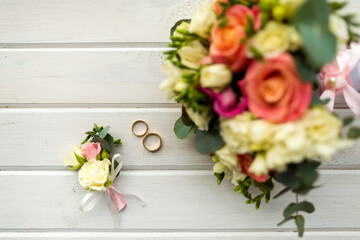 Fresh flora decoration close up. Beautiful wedding flower bouquet.