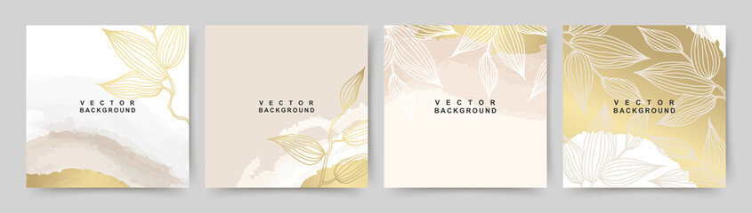Luxury square covers with elegant  floral shapes, gold on beige backgrounds. Social media stories and post templates. Greeting card and invitation. Vector illustration