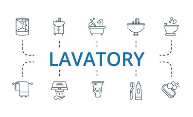 Lavatory set icon. Editable icons lavatory theme such as deposits acceptance, funds remittance, bill payment services and more.