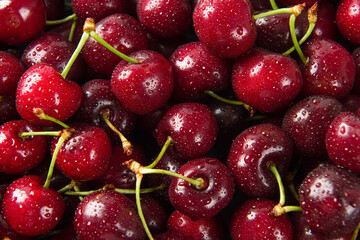 Close up of pile of ripe cherries background