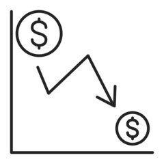 Economical value of dollar falling down vector isolated. Icon of a coin and arrow down, concept of financial crisis. Economy decrease and recession