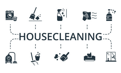 Housecleaning set icon. Editable icons housecleaning theme such as sweep, wipe dust, disinfectant and more.