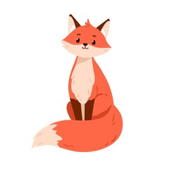Obraz premium Cute fox pup portrait. Smiling wild animal sitting with fluffy shaggy tail. Happy friendly foxy character with orange fur. Childish flat graphic vector illustration isolated on white background