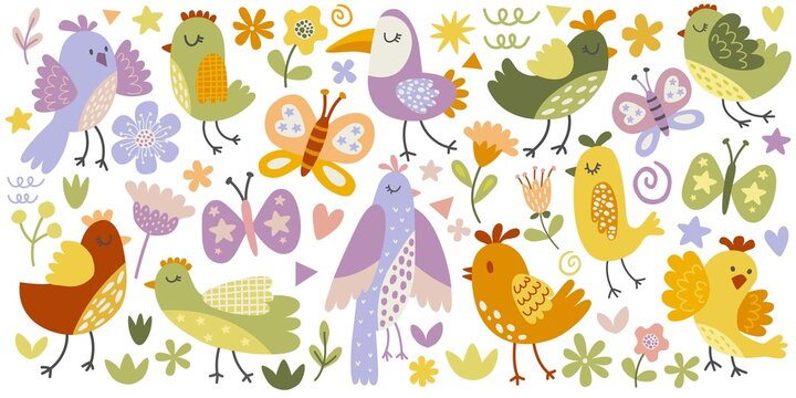 Set of cute vector illustrations of butterflies, birds, different decorative elements.