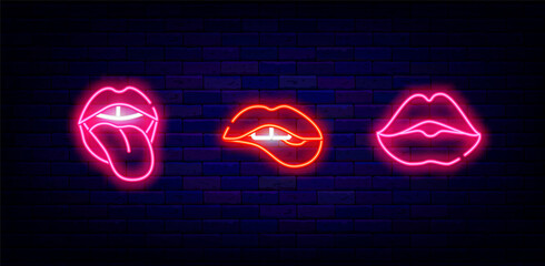 Woman lips neon icon collection. Protruding tongue and kiss. Biting mouth. Sexy signboard. Vector stock illustration © Anastasia Gapeeva