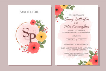 Wedding invitation with watercolor flowers