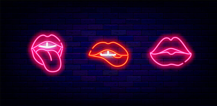 Woman lips neon icon collection. Protruding tongue and kiss. Biting mouth. Sexy signboard. Vector stock illustration