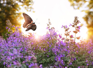 beautiful flying butterfly and wild purple flowers in summer garden, sunny natural abstract...