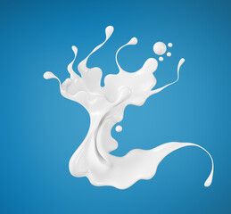 Obraz premium Milk or yogurt splash on blue background, food illustration, 3d rendering