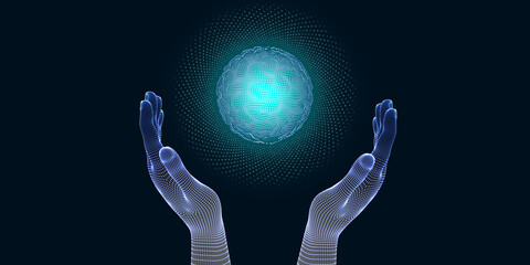 digital hand spreading hand circular grid wave with binary code artificial intelligence concept 3d illustration