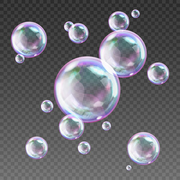 Realistic soap bubbles with rainbow reflection. Colorful falling soap bubbles. Realistic soap bubble with glare. Foam bubbles png. Vector illustration. Festive iridescent foam bubbles with reflection.