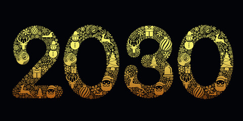 2030 Happy New Year in golden design, Holiday greeting card design.