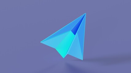 Blue paper airplane on isolated background illustration on receiving message 3d render