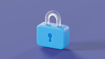 Blue padlock on isolated background with glass elements 3d render