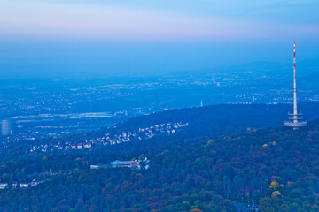 Cityscape of Stuttgart city in a foggy day, Germany.