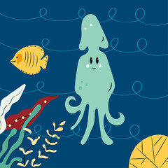 Fototapeta premium Cute Squid character floating in sea. Happy marine mollusc with tentacles, funny underwater dweller. Flat cartoon vector illustration isolated on blue wavy background