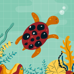 Cute cartoon sea turtle swimming in water among algae, corals. Funny marine tortoise in aquarium. Childish color flat vector illustration of adorable underwater character