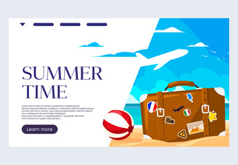 Vector illustration of a banner template for a website, summer ,vintage luggage bag with stickers and a beach ball standing on the beach against the background of the sea