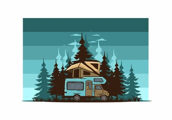 Car roof camping in the jungle illustration