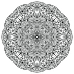 folk style linear flowers and ornaments forming a mandala on a white background for coloring, vector design mandala
