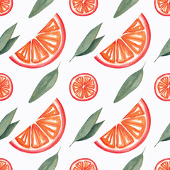 Seamless pattern with oranges and leaves on a white background. Watercolor illustration. Orange color. Fruit. Summer. Printing on fabric and cards. Packing paper. Natural. Nature. Food. Art. Design.