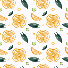 Seamless pattern with lemons and leaves on a white background. Watercolor illustration. Yellow color. Fruit. Summer. Printing on fabric and cards. Packing paper. Natural. Nature. Food. Art. Design.