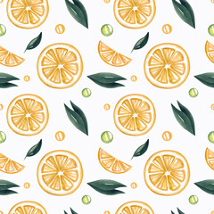 Seamless pattern with lemons and leaves on a white background. Watercolor illustration. Yellow color. Fruit. Summer. Printing on fabric and cards. Packing paper. Natural. Nature. Food. Art. Design.