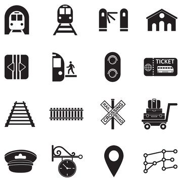 Railway Icons. Black Flat Design. Vector Illustration.