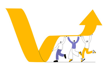 A group of characters picks up a fallen sales arrow. The concept of vector illustration.