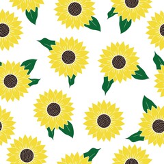 Vector seamless pattern with blooming sunflowers and leaves on white background. Floral summer pattern, simple yellow sunflowers field for textile, fabric, cover, print, wallpaper, screen saver.