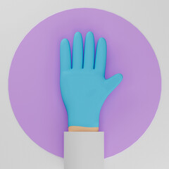 Obraz premium Doctor cartoon hand in medical glove isolated over violet background. 3d rendering. Treatment, pharmaceutical or medication concept.