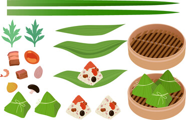 Zongzi ( sticky rice dumpling ) and dragon boat festival plant element.